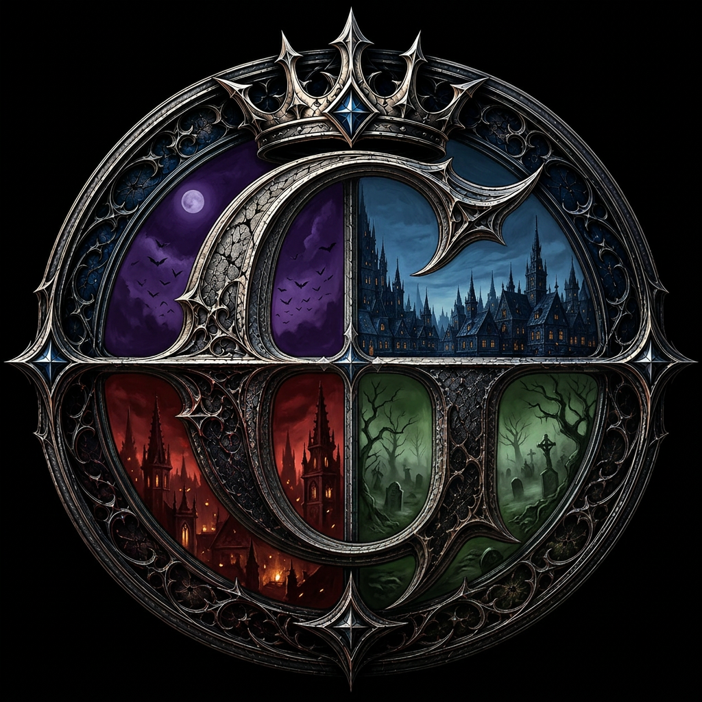 Grimm Factions crest — four heraldic quarters representing Night Creatures, Townsfolk, Cult, and Plague Court